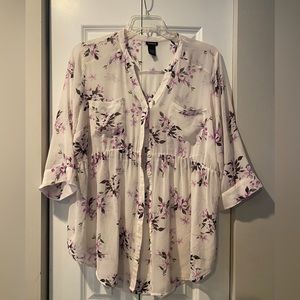 Torrid - white & purple flowered sheer blouse